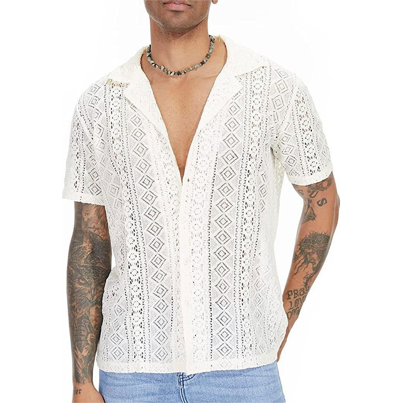 Sexy Mens Hollow Out Shirts Embroidery Fashion Sol...