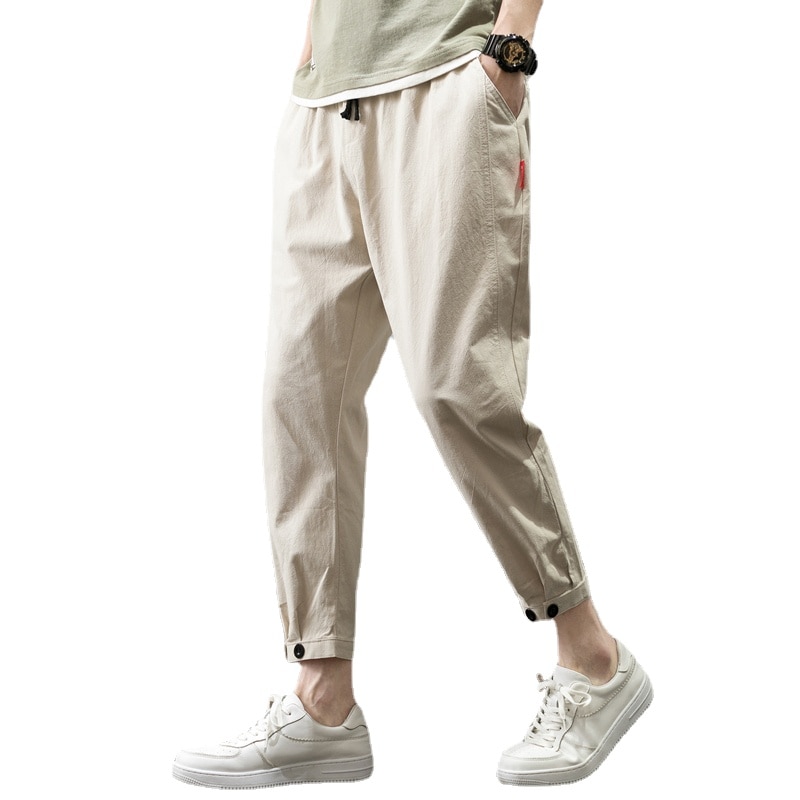Summer Men's Casual Pants Cotton Linen Trousers Breathable Loose Shorts Straight Pants Streetwear