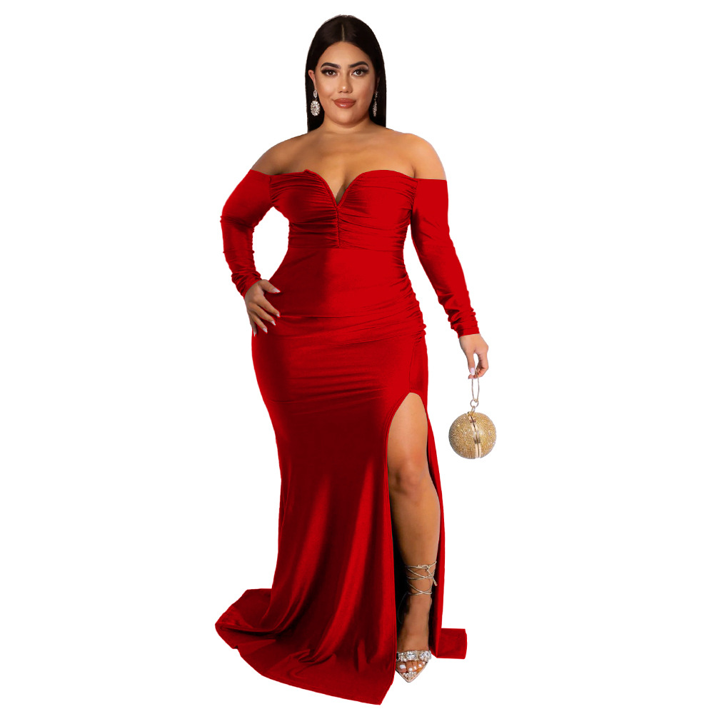 Plus Size Solid Sexy Off Shoulder Evening Dresses for Women Luxury Split Maxi Long Dress