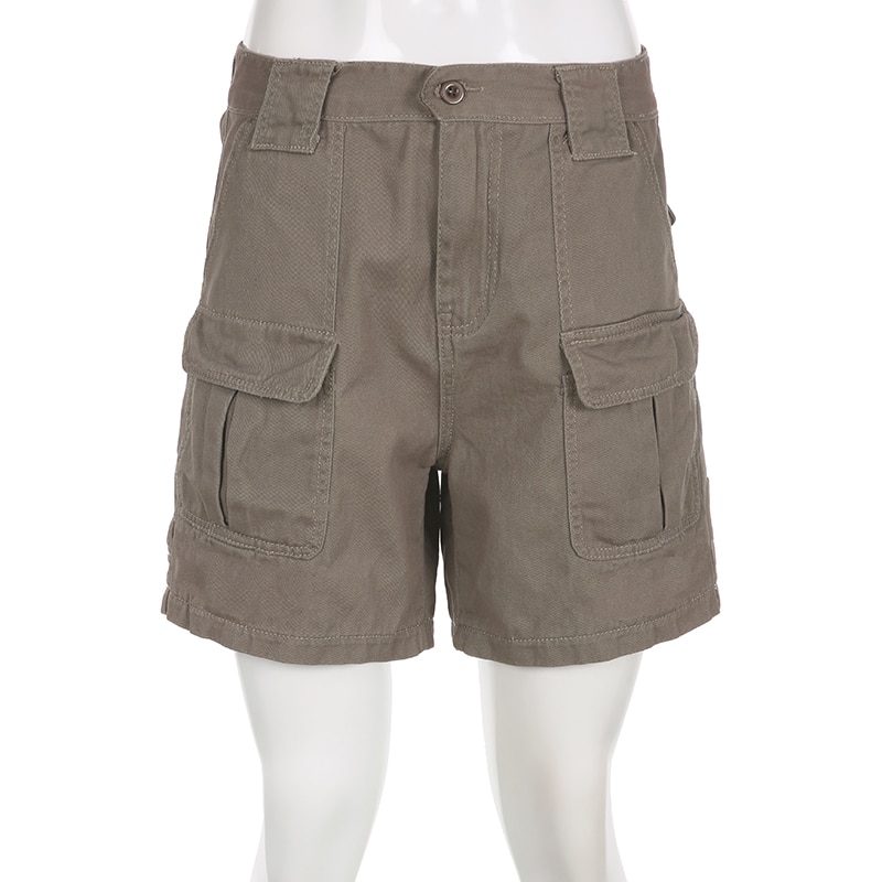 Vintage Pocket Patchwork Cargo Shorts Women Harajuku Low Waist Denim Short Streetwear Solid Bodycon Bottoms