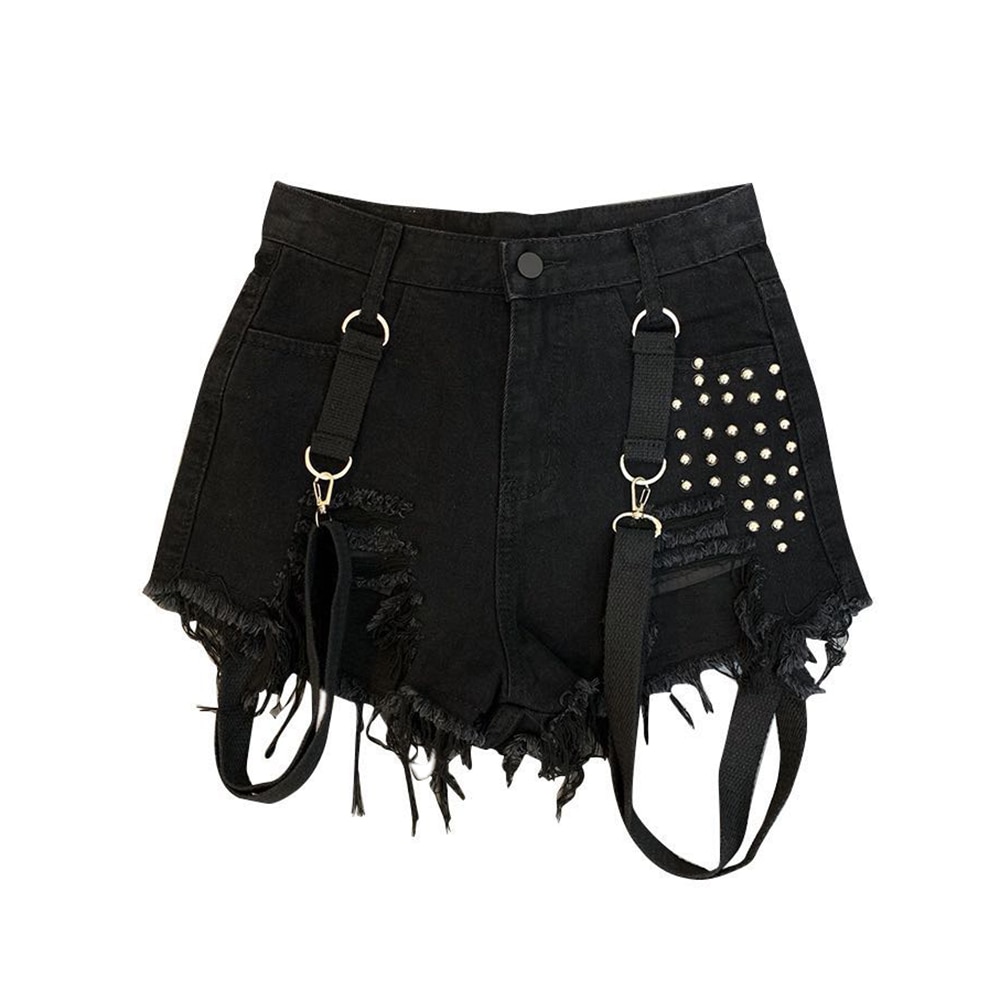 Summer Fashion Women's Shorts Punk High Waist Tassel Belt Rivet Denim Pantsuits Female Gothic Short Jeans