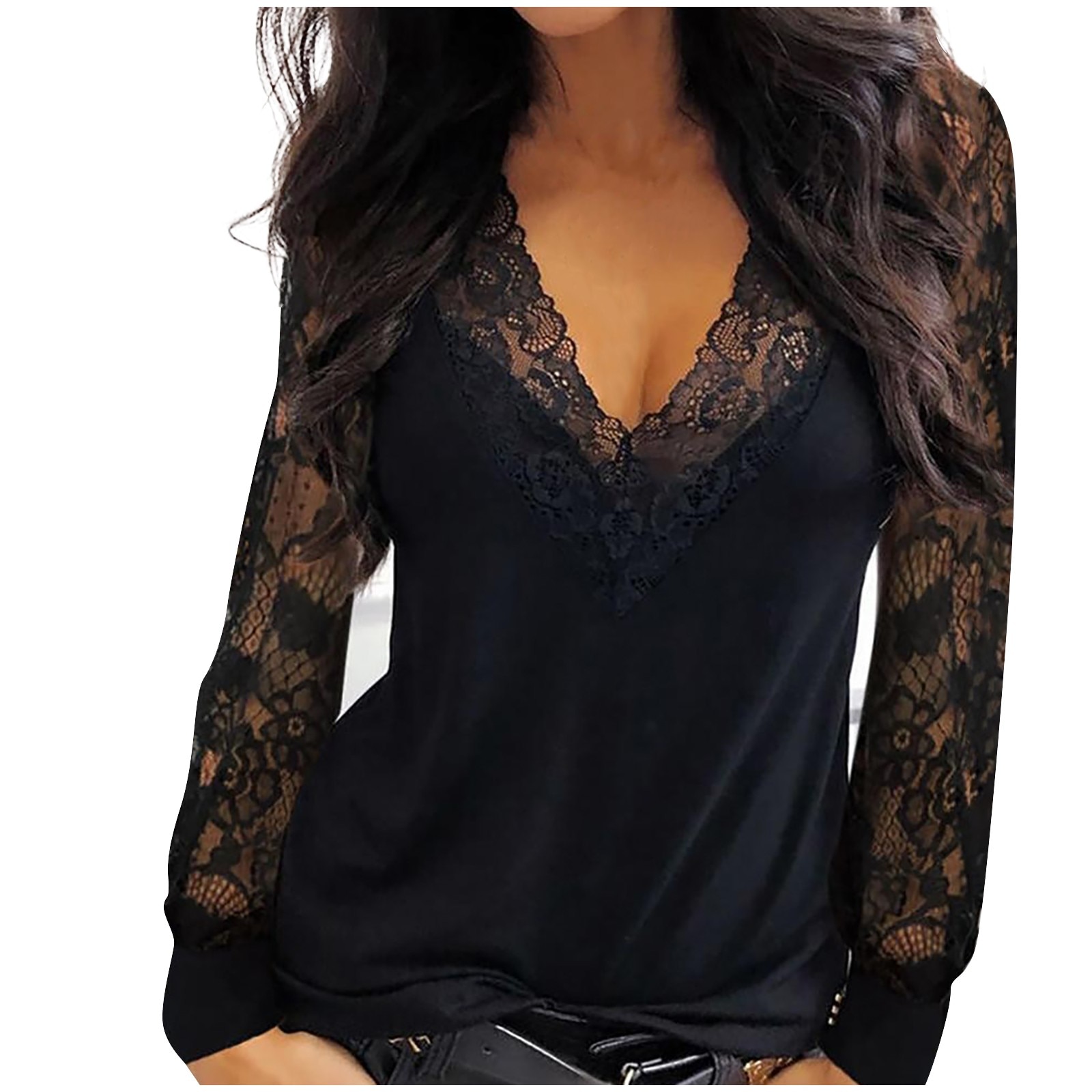 Lace Shirts For Women Long Sleeve T Shirts Ladies Casual Sexy V Neck Slim Fit Shirt Tops Pullovers
