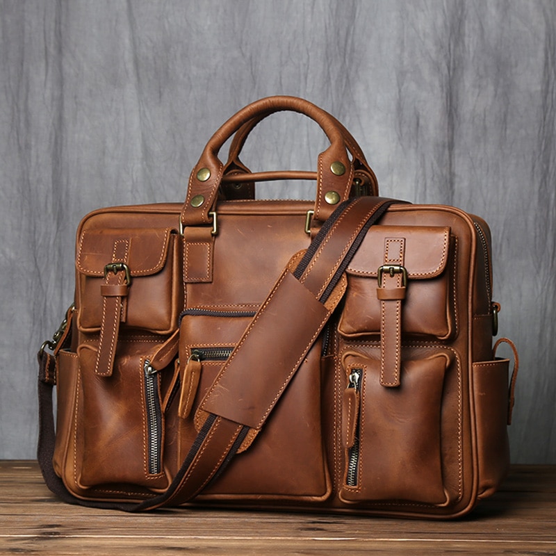 Retro Men's Leather Handbag Top Layer Cowhide Brie...