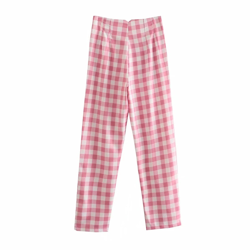 Fashion Pink Plaid Cotton Trousers Women Summer High Waist Zipper Straight Fashion Trousers