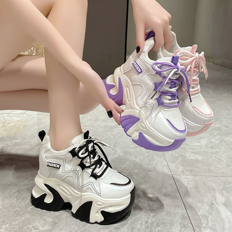 Spring Autumn Women Chunky Sneakers 11cm Hidden Heels Casual Shoes Woman High Platform Ladies Sports Dad Shoes