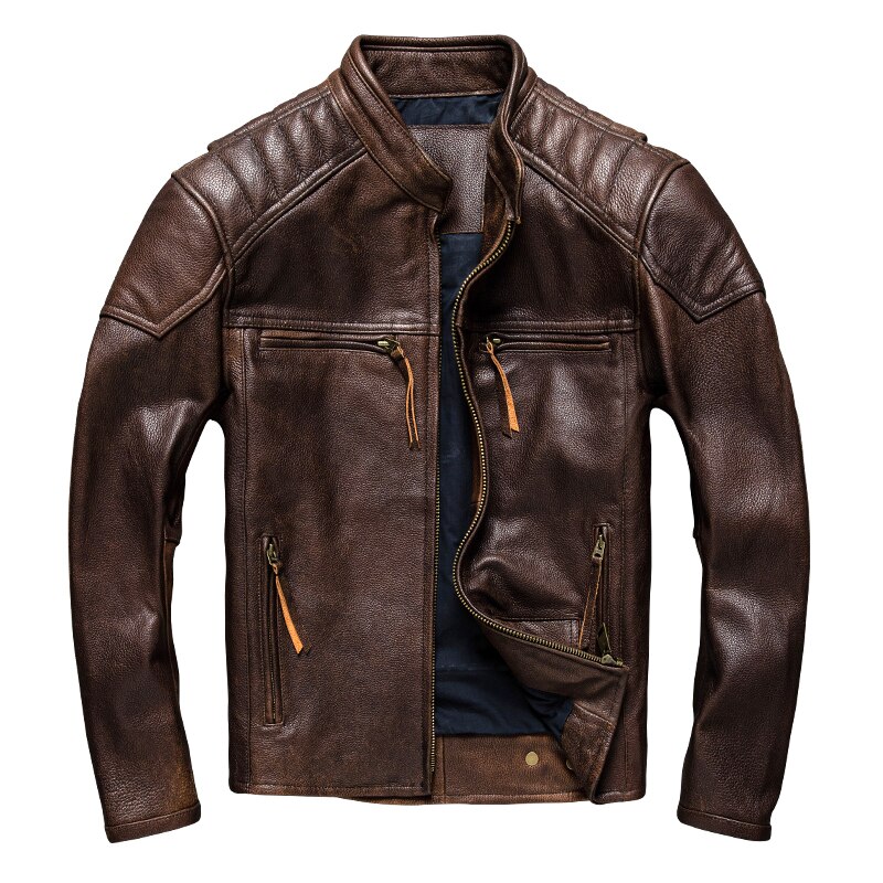 Moto Biker Jacket Vintage Genuine Leather Jacket Men Clothes Slim Top Layer Cowhide Coat Male