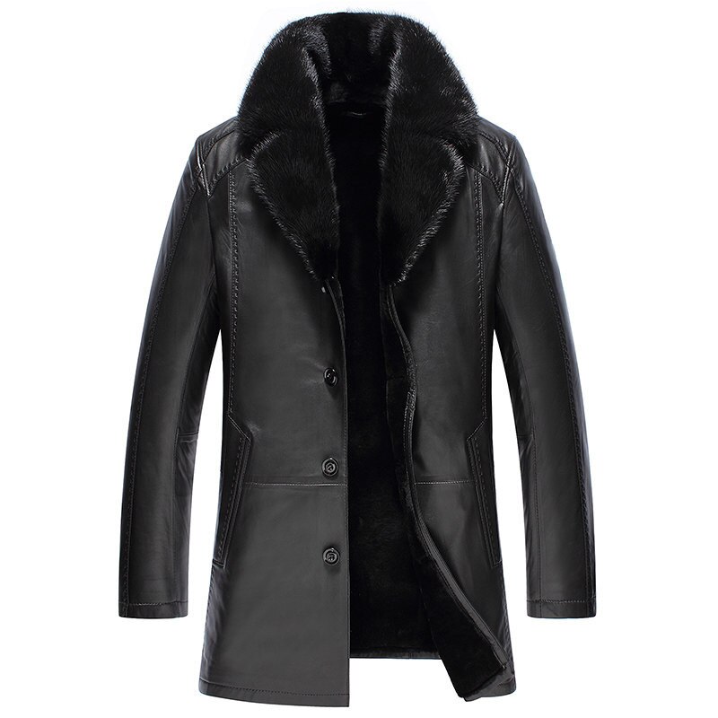 100% Genuine Leather Real Coat For Men Plush Thick Mink Lapel Medium Length Sheep