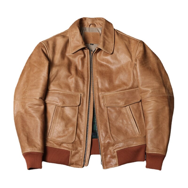 Vintage Flight Suit Leather Jacket Men Wax Feel Unpainted Slim Cowhide Coat Men's Genuine Leather Coat