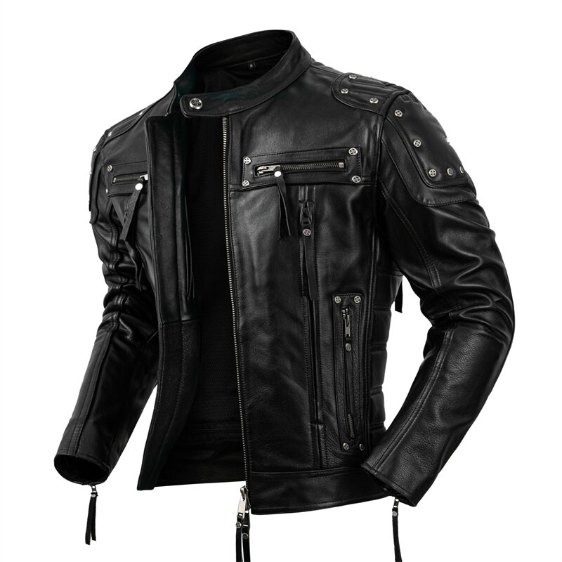 Protective Motorcycle Clothing Cowhide Leather Leather Men's Motorcycle Riding Clothing Calfskin Leather Jacket Biker Coat Men