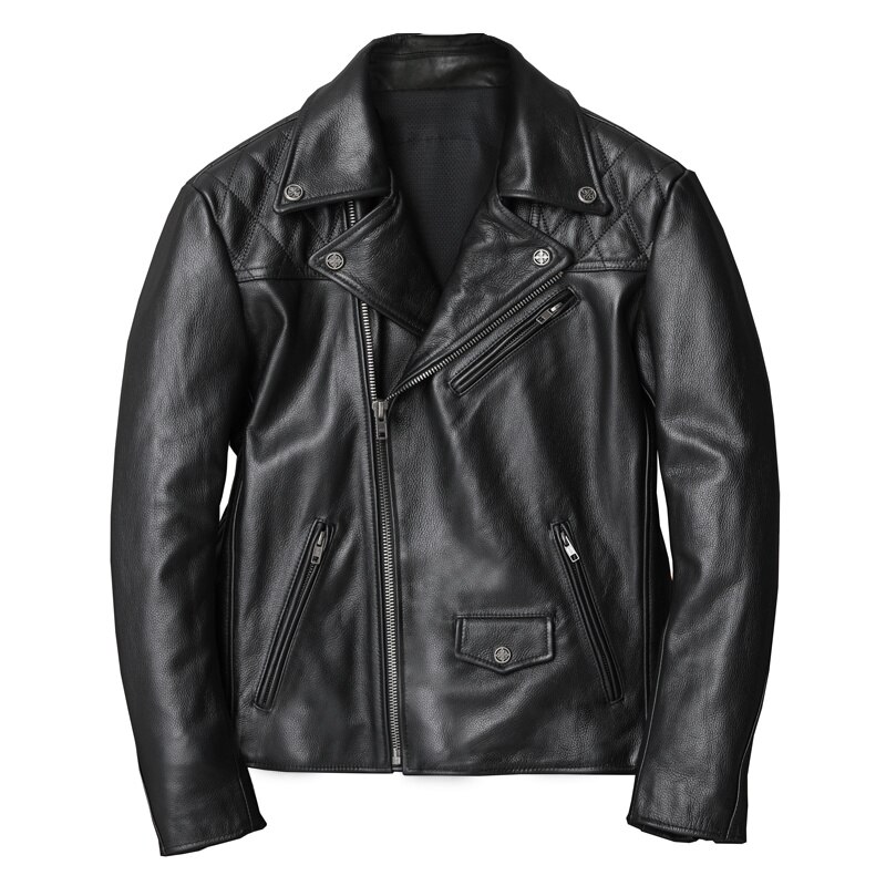 Men's Protective Gear Motorcycle Jacket Genuine Leather Clothes Natural Cowhide Oblique Zipper High Quality Coat