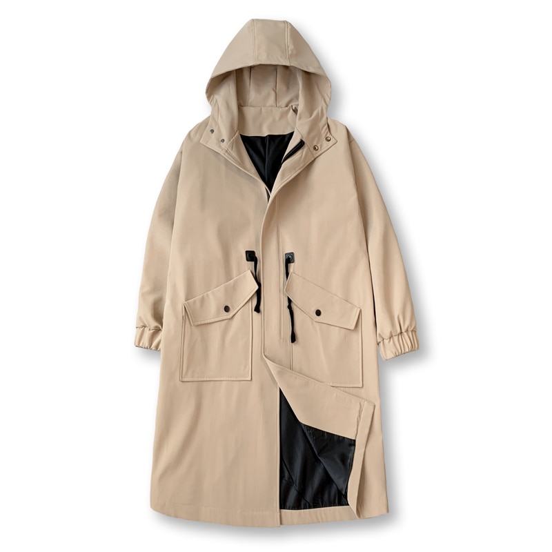 Autumn and Winter Men's Hooded Windbreaker Mid length Warm Waist Wrap Coat Casual Pocket Jacket