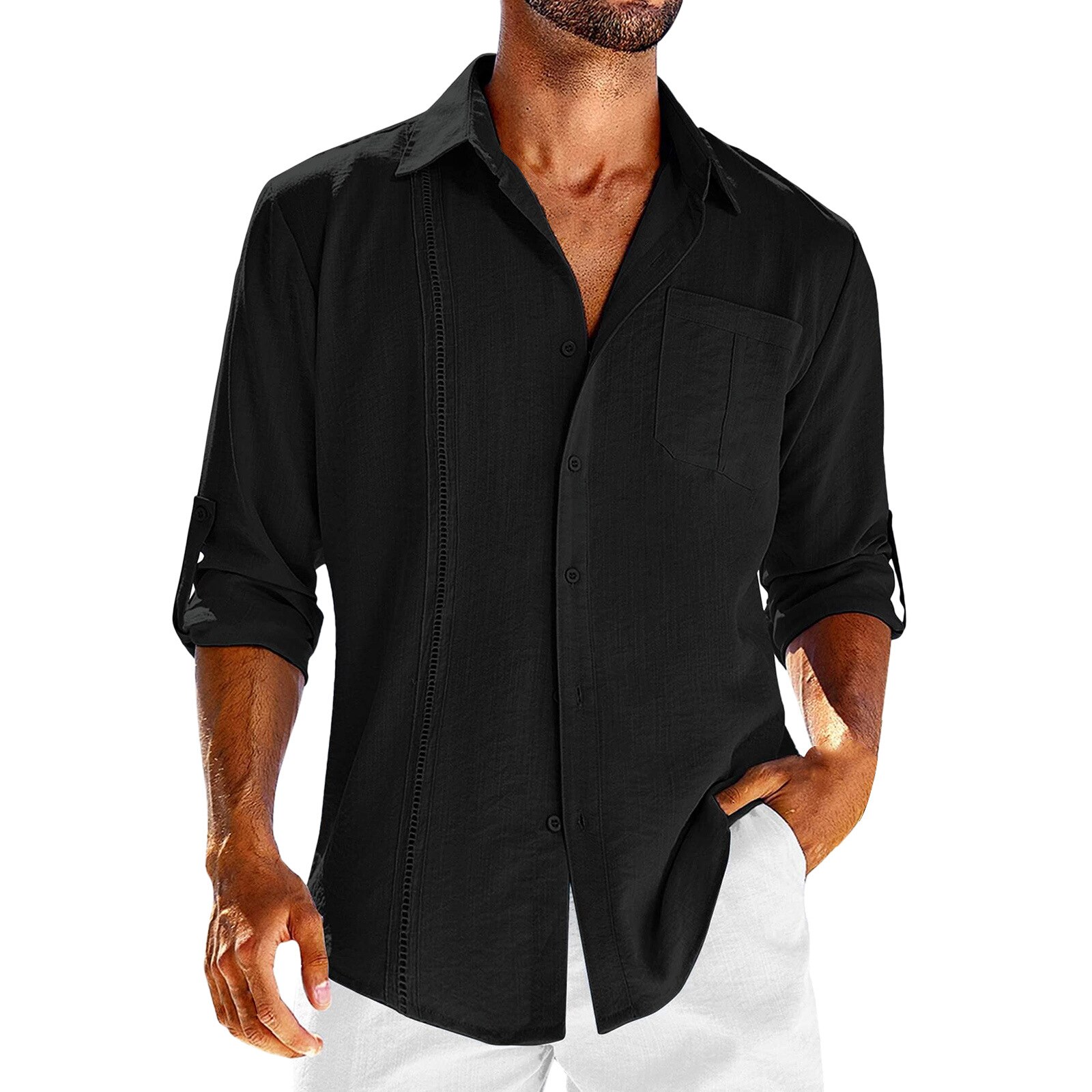 Men's Clothing Cotton Linen Shirt For Men Hemp Lace Casual Wrist Pocket Casual Inch Men's Shirt