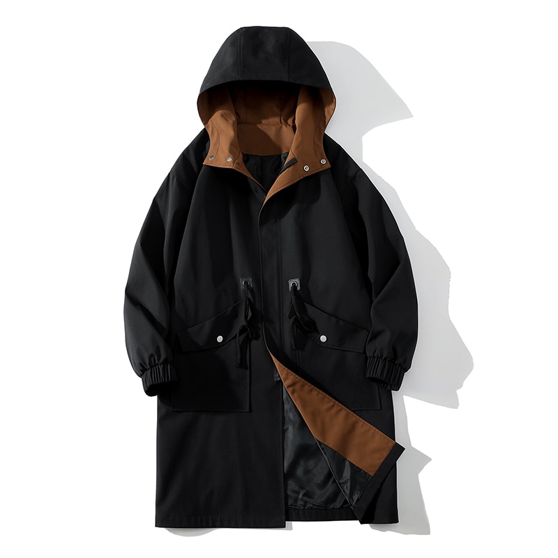 Autumn and Winter Men's Hooded Windbreaker Mid length High Quality Waist Wrap Coat Casual Pocket Jacket
