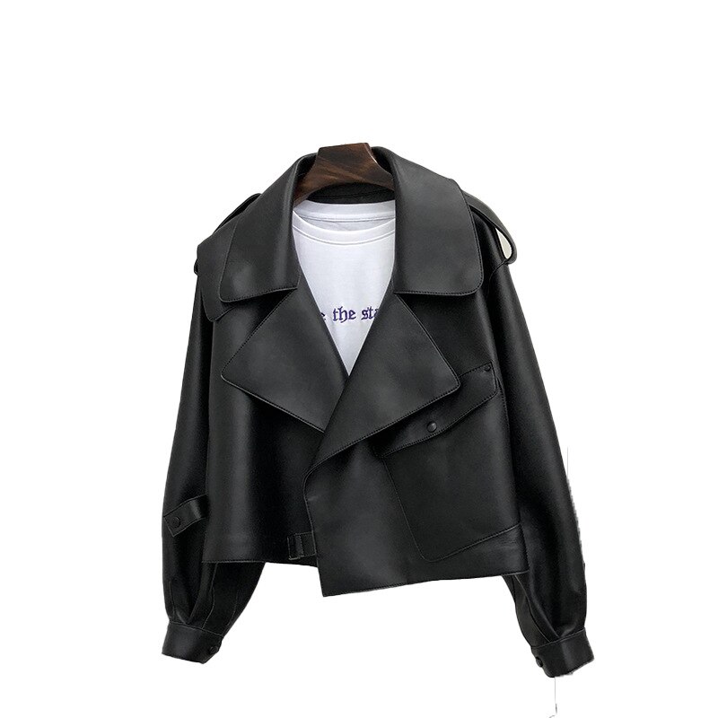 Spring Women Short Faux Leather Jacket Single Button Black Moto Biker Windproof Coat Warm Turn Down Collar Outwear