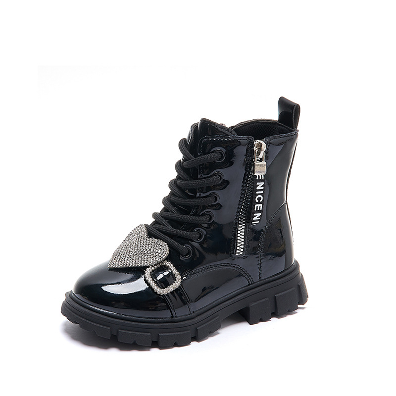 Children Ankle Boots Side Zipper Rhinestones Love Girls Boots Drop Shipping Simple Non-slip Princess Catwalk Kids Shoes PU