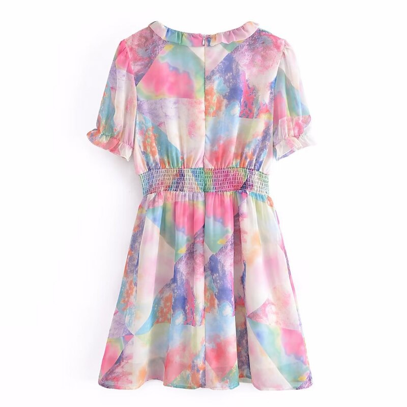 Elegant floral print Dress Women's Summer Dresses New Ruffle V-neck Short Puff Sleeves Slim Loose casual dress