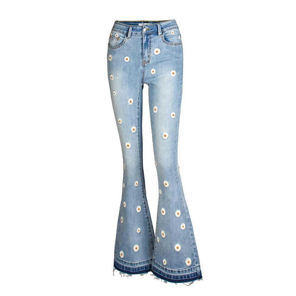 Elastic Flower Embroidered Flare Jeans Womens Vintage Skinny Spring Autumn Denim Pants Women Retro Style Bell Bottom