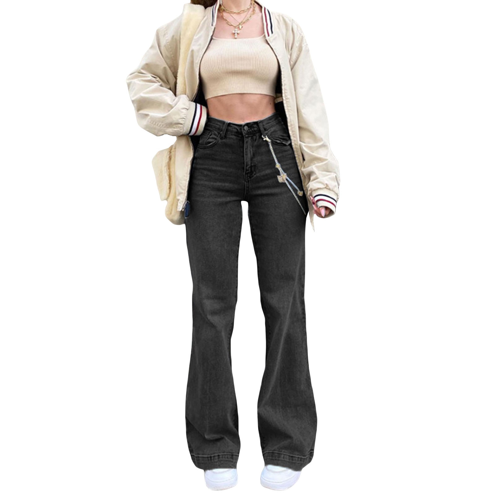 Women Denim Flared Pants Casual Solid Color Stretchy High Waist Bell Bottom Jeans Streetwear Baggy Jeans for Women Trousers