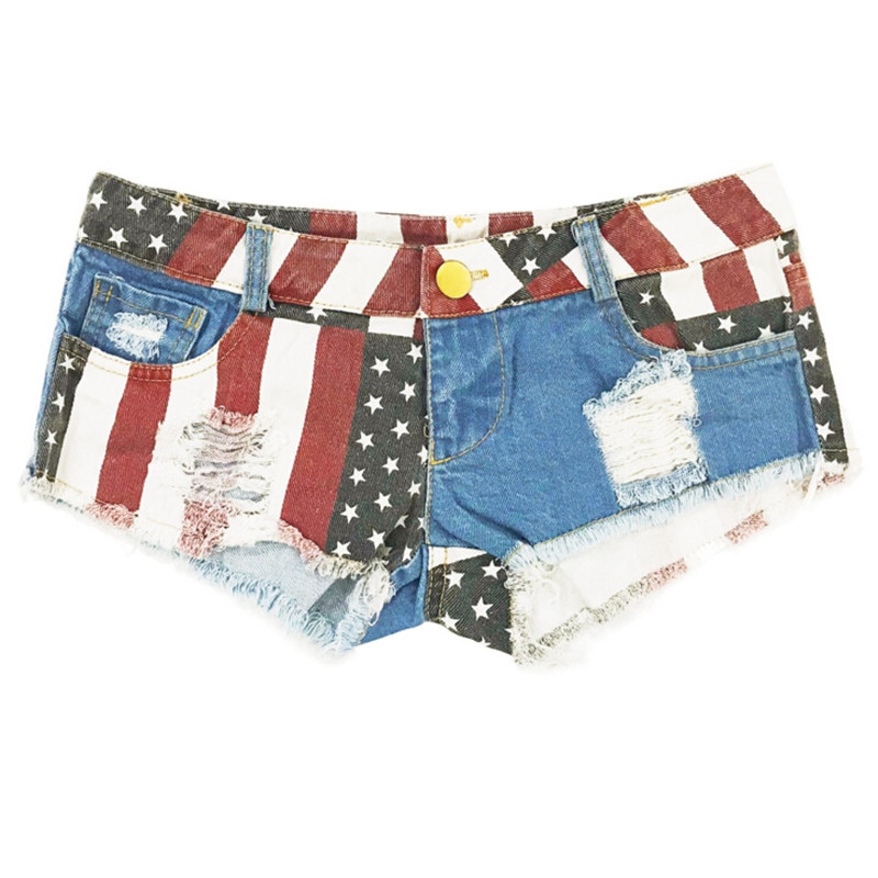Mid Waist Jeans Shorts Women Fashion USA Flag Printed Denim Pole Dance Skinny Hot Hole Short Pants