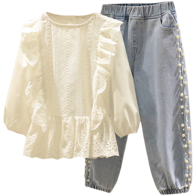 Spring And Autumn Girls' Suits Children Girls Clothes Fashion Hollow Lace Top + Pearl Jeans Two-Piece Girls Clothing Set