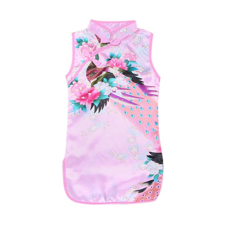 New Arrival Baby Girl Dress Peacock Qipao Cheongsam Chinese Traditional Kids Girls Floral Sleeveless Slim Dress Clothes Summer
