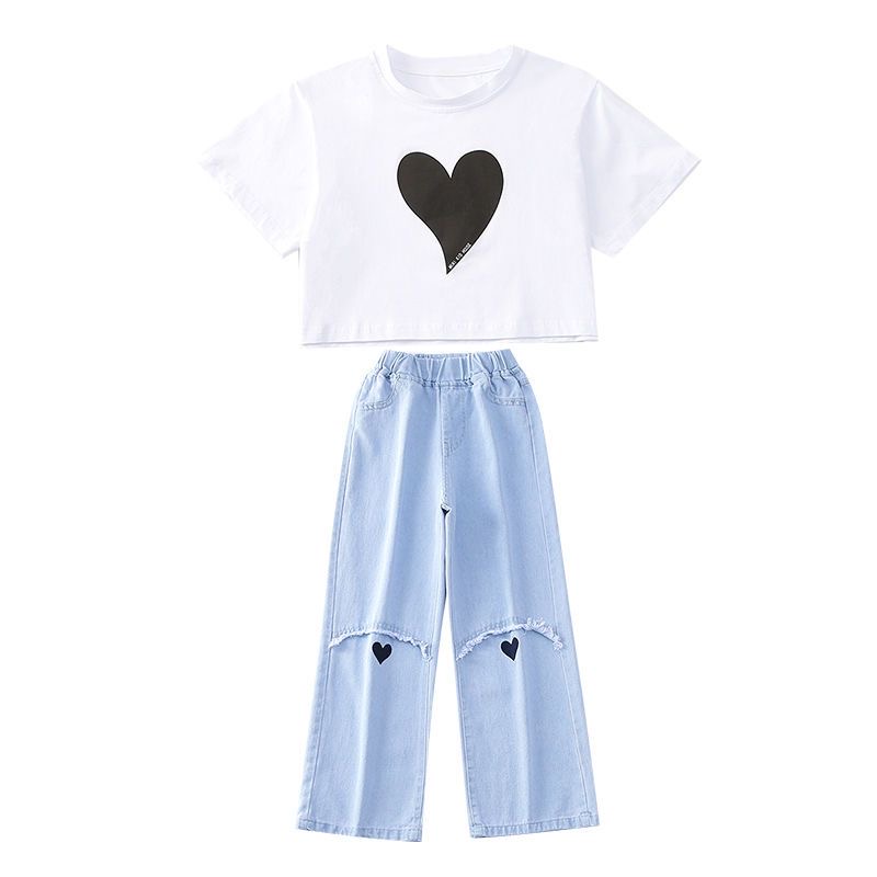 Teenager Girls Clothing Sets Cotton Summer New Fashion Letter Tops + Denim Wide Leg Pants 2Pcs Outfits Kids Tracksuit