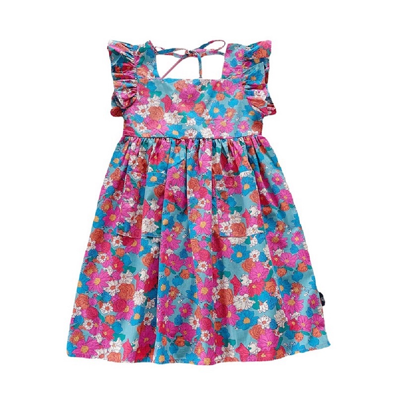 Kids Girls Floral Print Dress Summer Waist Small Flying Sleeves Puffy Dress Children Princess Party Fashion Skirts Clothes