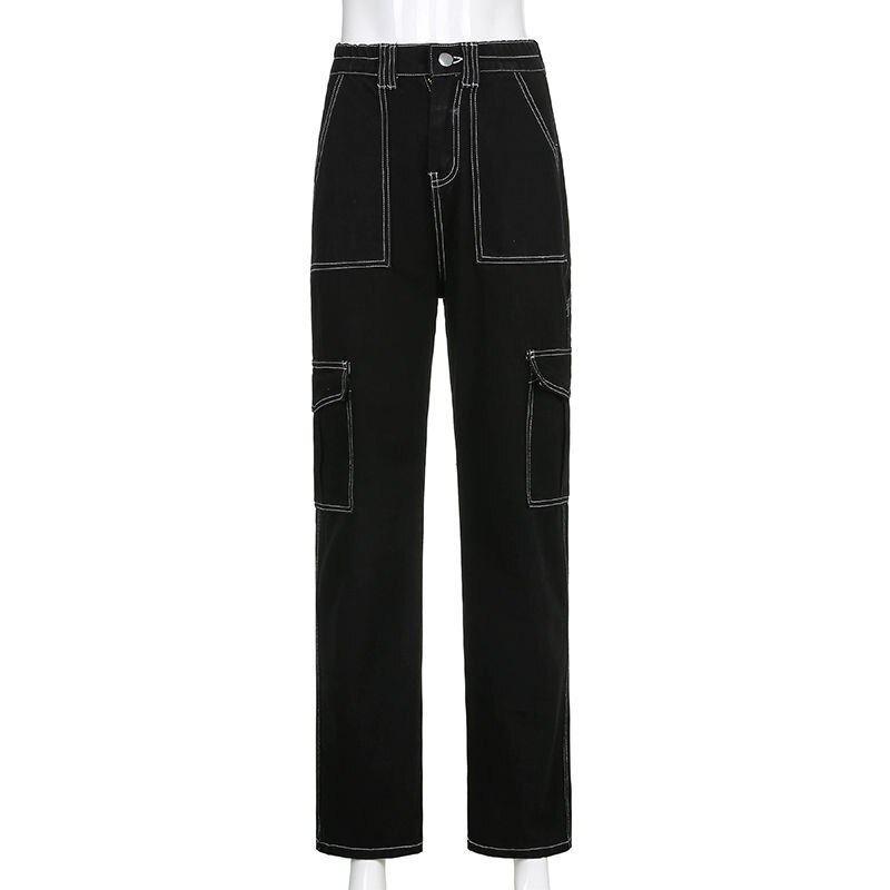 Pockets Patchwork Baggy Jeans Women Autumn Black W...