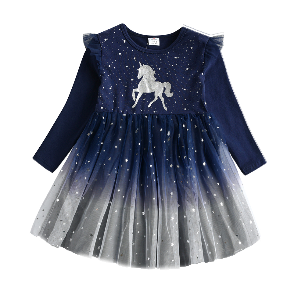 Unicorn Kids Dresses For Girls Flying Sleeve Cotton Princess Girls Dress Winter Children Birthday Party Girls Clothing
