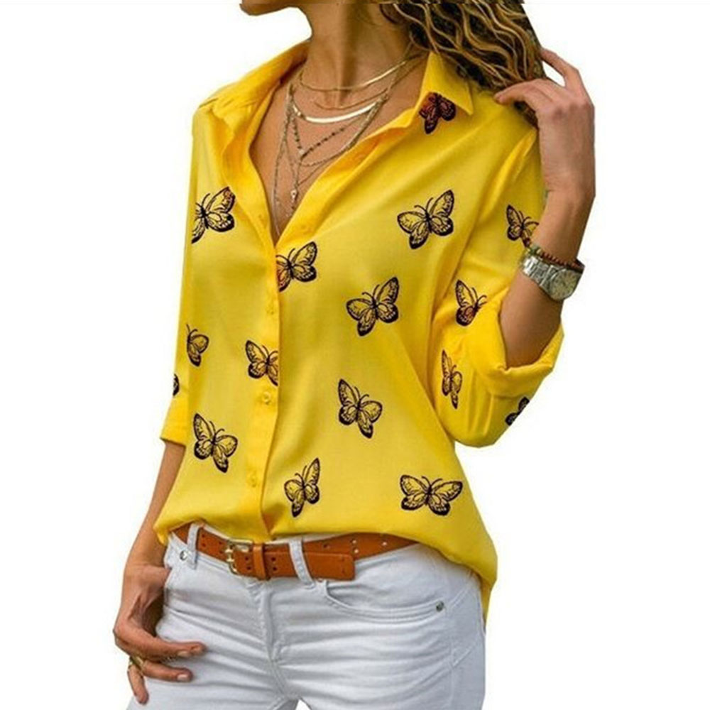 Women Long Sleeve Blouse Oversized Spring Autumn Turn Down Collar Loose Office Lady Casual Butterfly Printing Basic