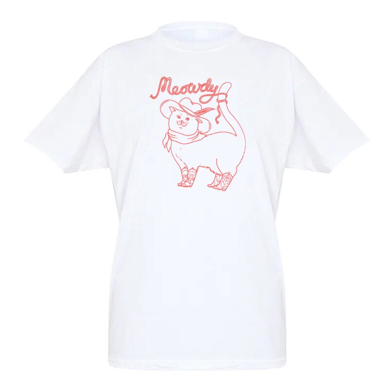 Cowboy Cat Funny T-Shirts Women Oversized Casual Cute Graphic Tees Western Howdy Shirt Female Fashion Aesthetic Tops
