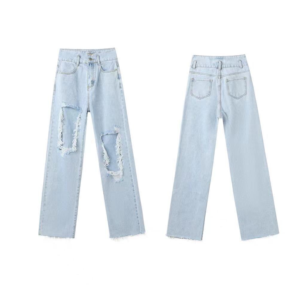 2 Piece Set Summer New Women's Jeans Ripped Baggy Wide Leg Trousers Vintage Washed Harajuku Hip Hop Streetwear Female Denim Pants