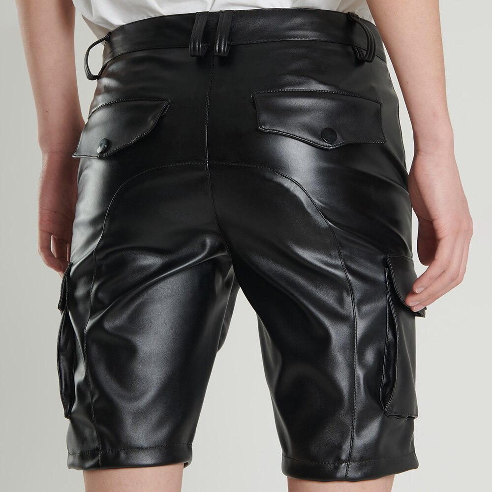 Men's Genuine Leather Cargo Shorts Stretch Fashion PU Leather Multi-Pocket Pants