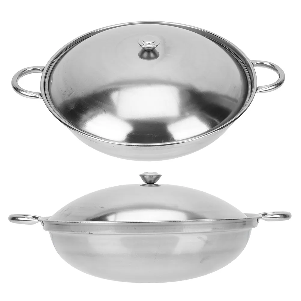Stainless Steel Griddle Kitchen Hot Pot Cooking Pots Handle Double Metal Wok Thicken Vegetable Bowl Tool Pans