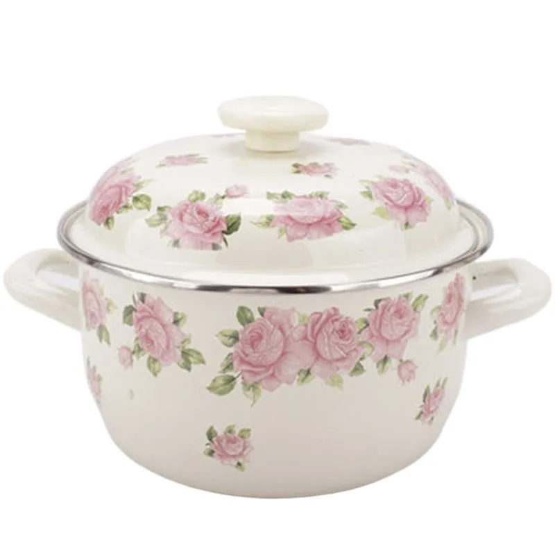 Thickened 16-24cm Elegant Pink Rose Enamel Double Eared Saucepan with Lid Frying Stewing Cooking and Fondue Hot Pot for Noodle