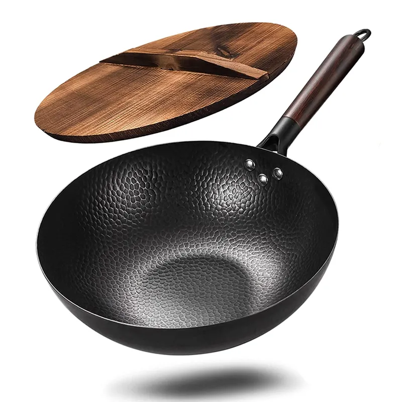 Carbon Steel Wok,Woks and Stir Fry Pans with lid Kitchen For Electric,Induction and Gas Stoves Flat Bottom Wok