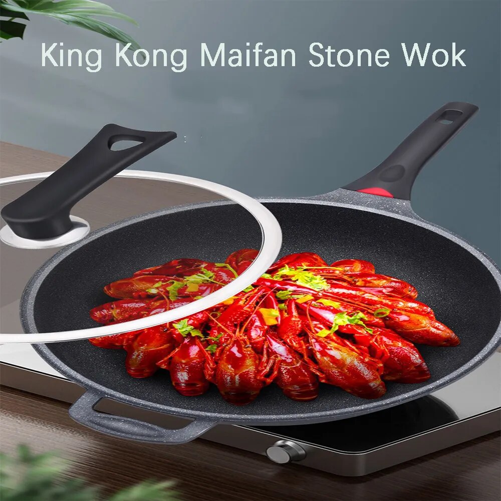 Maifan Stone Non-stick Saucepan: 28cm Wok Pan with Lid - Dishwasher-Safe Frying Pan & Fondue Set for Induction & Gas Stoves