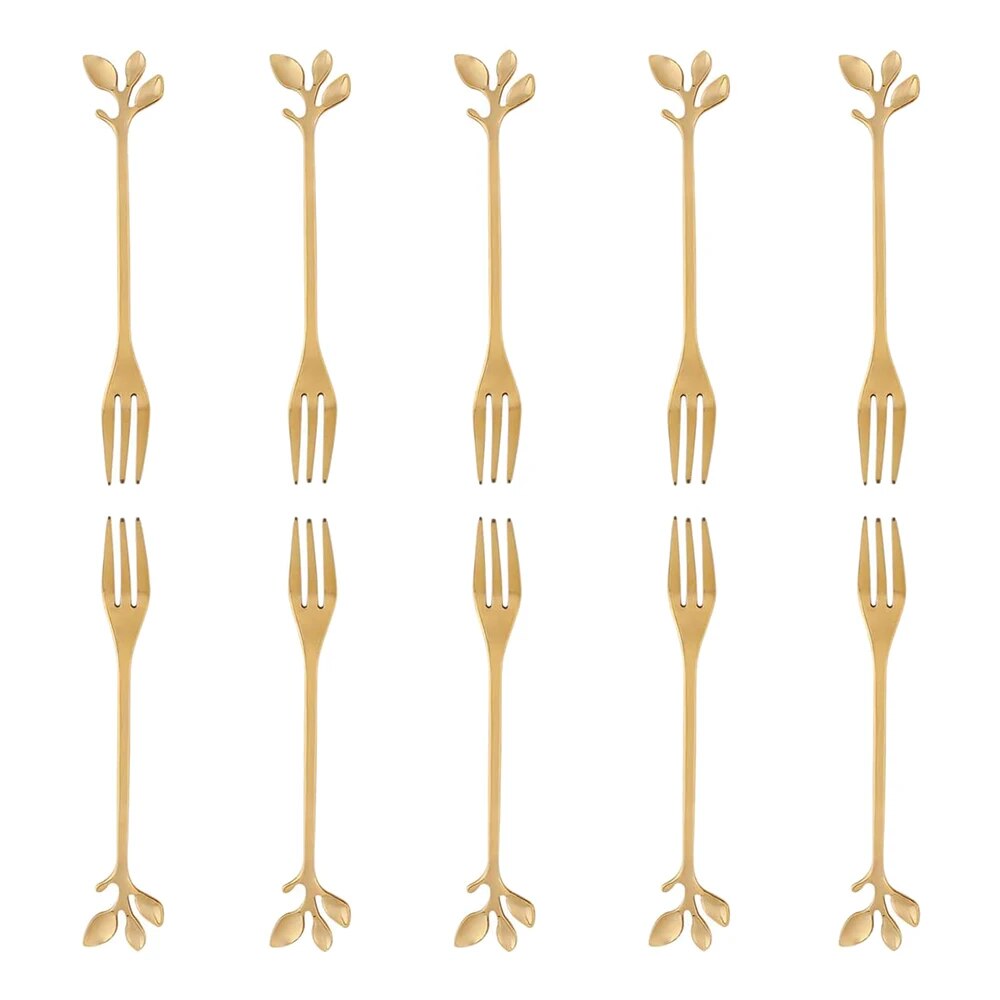 10 Pcs Stainless Steel Leaf Cake Fruit Forks Set Tasting Dessert Forks Kitchen Accessory Wedding Party Golden