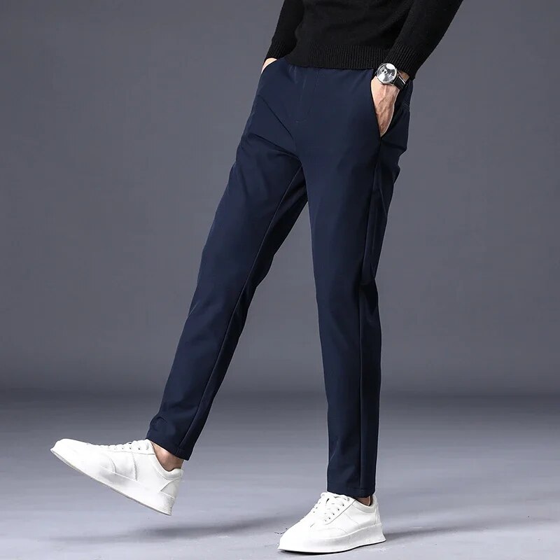 Autumn And Winter Pants Men's Thick Fleece Lining Warm Elastic Waist Outdoor Sports Pants Fashion Slim Gray Suit Trousers Men