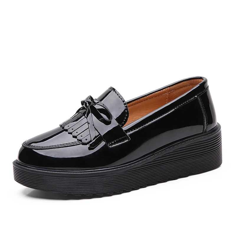 Women Loafers Spring Autumn Black Patent Leather Slip-on Retro Fringe Tassel Sweet Casual Flats Platform Shoes Lady