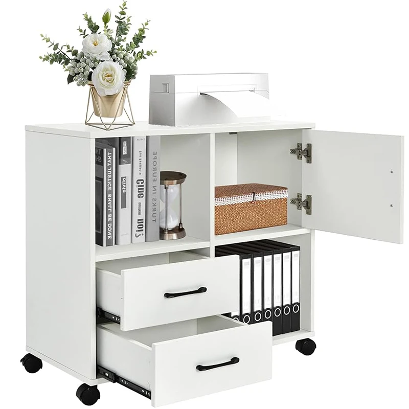 Mobile Drawer File Cabinet  Office White Wood Lateral Filing Cabinets Printer Stand With Open Storage Shelves Furniture