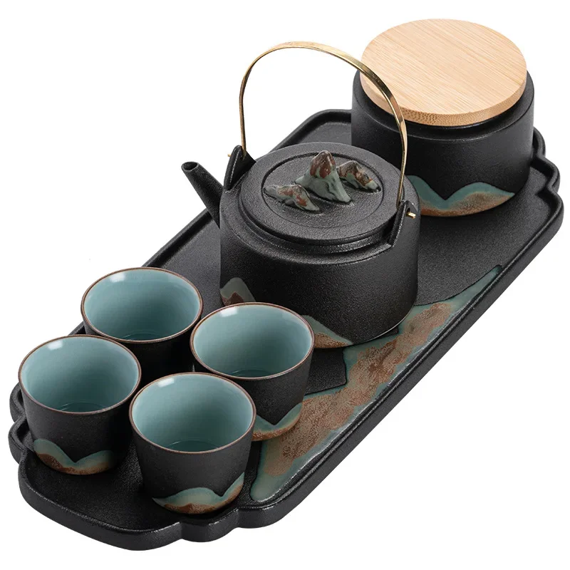 Hand Drawn Mountain Shadow Loop-Handled Teapot Dry Pour Sets Kung Fu Tea Set Home Living Room Mini Set Teacup