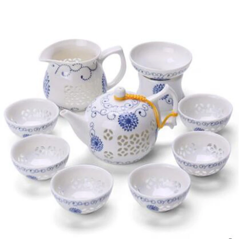 10PS Tea Set Blue And White Porcelain Delicate Tea Set Tea Cup Ceramic Hollowed Suit
