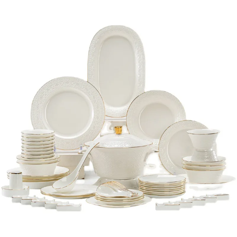 Bone Porcelain Tableware Set White Embossed High-End Sensory Plates Dishes And Household Light Luxury Gifts