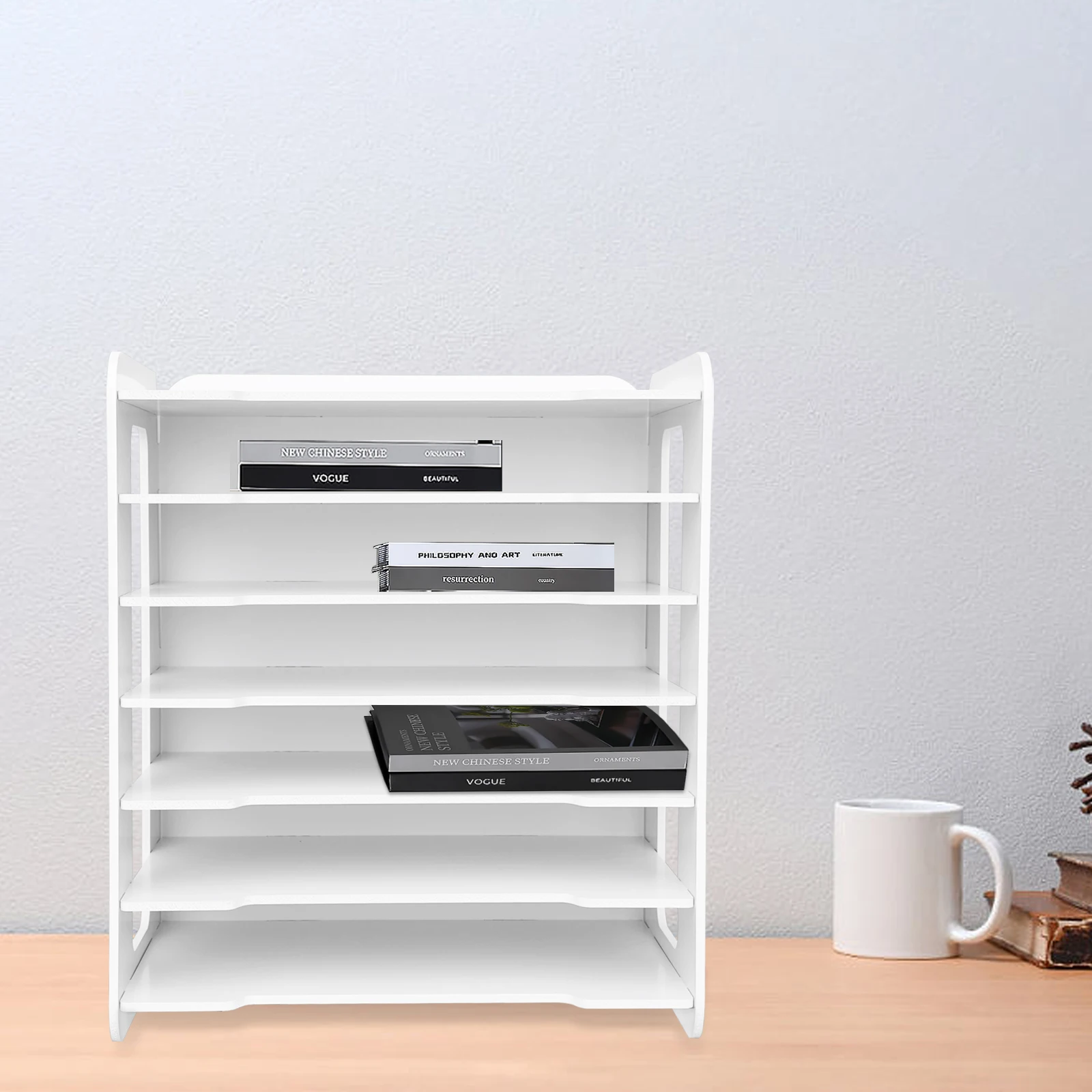 White Wooden File Rack for Office Desk, Desktop Organizers and Accessories, Letter Tray, Paper Sorter Holder, 7 Layers