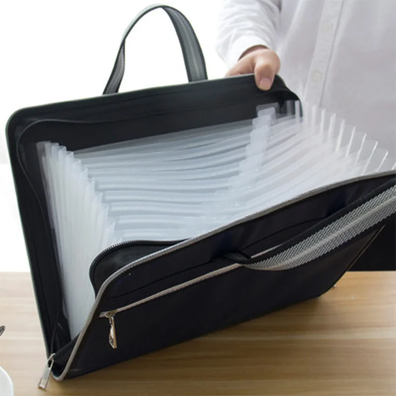 Large Capacity File Folder Bag A4 Office Canvas Leather Folder 12 Layers Expanding Wallet Document Organizer File Bag