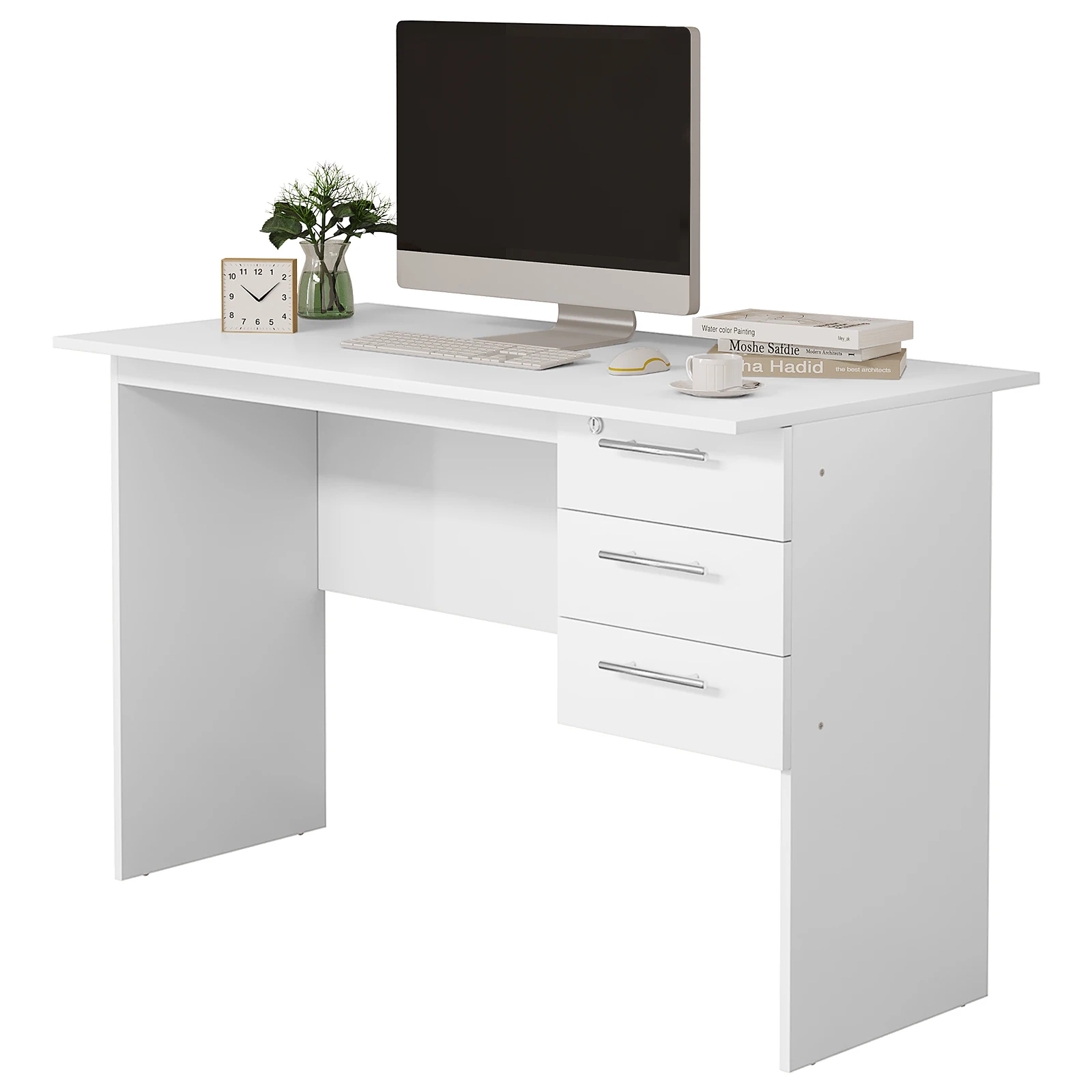 Computer Office Desk Black/ White Chipboard Table Pc Work Study Table With Drawers Lock