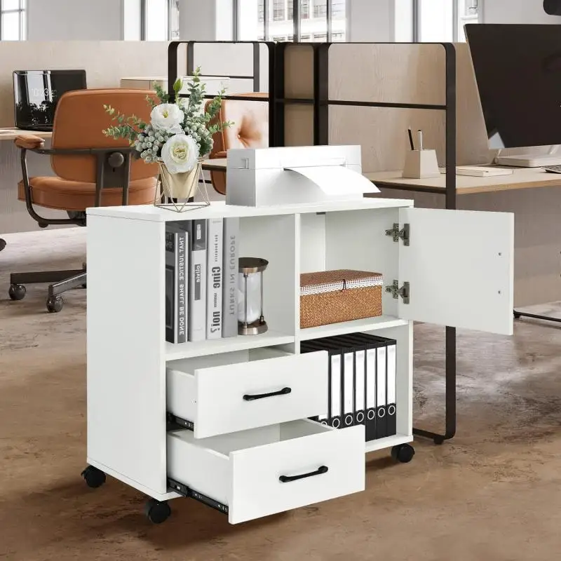 Mobile Drawer File Cabinet  Office White Wood Lateral Filing Cabinets Printer Stand With Open Storage Shelves Furniture