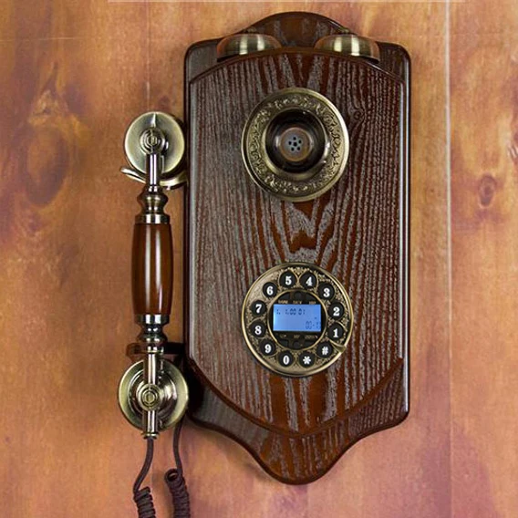 Antique Wall-Mounted Landline Phone: Corded Home Hotel Telephone, Wooden Design, Mechanical Ringtone for Nostalgic Appeal