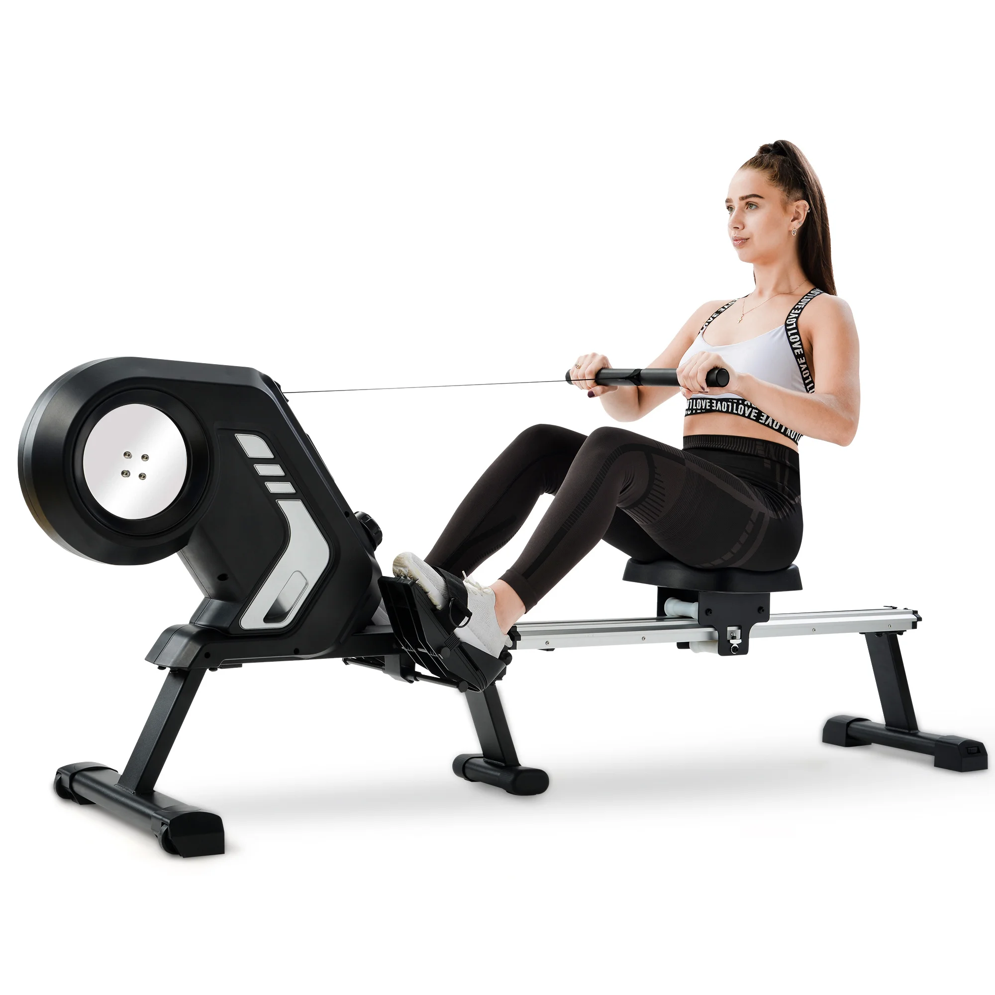 Foldable Rowing Machine With Magneto Resistance Lcd Display Non-Slip Pedals And Transport Wheels For Home Gym